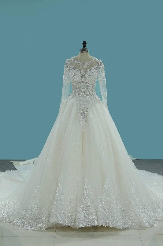 Gorgeous Wedding Dresses Scoop Tulle With Beadings Zipper Back Royal Train Floral Lace Wedding