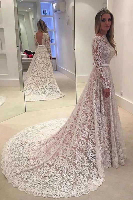 A-Line Backless Bowknot Scalloped Ivory Long Sleeve Backless Lace Wedding Dresses Off-shoulder Bridal Dress