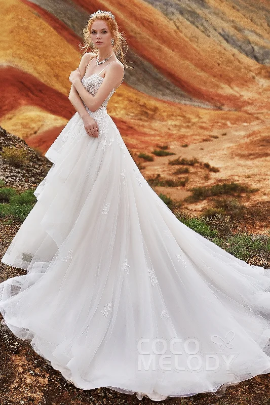 A-Line Chapel Train Tulle and Lace Wedding Dress LD5814 Soft Satin Bridal