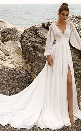 Beach Modest Elegant A-Line Split Front Wedding Dress Simple Casual Flowy Puff Long Sleeves V-Neck Bridal Gown with Train Modern Wedding Gown