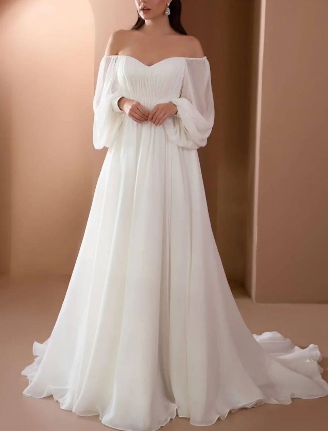 Beach Vintage Wedding Dresses A-Line Off Shoulder Long Sleeve Court Train Chiffon Bridal Gowns With Pleats Beading Off-shoulder Wedding Gown