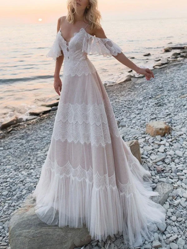 Boho Wedding Dresses | A Line Deep V Neck Straps Lace Short Sleeve Bridal Gown For Beach Wedding With Sweep Train Embroidered Wedding Dress