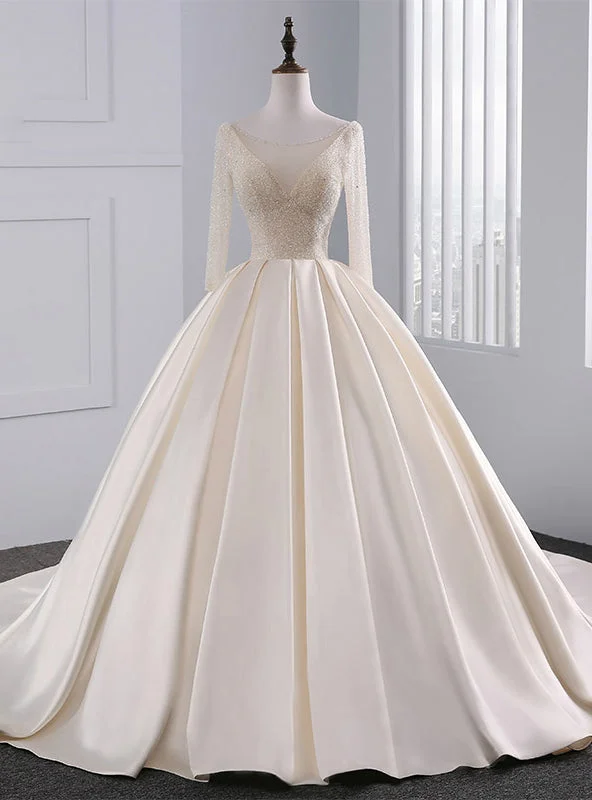 Champagne Long Sleeve Backless Satin Beading Wedding Dress Short Wedding Gown