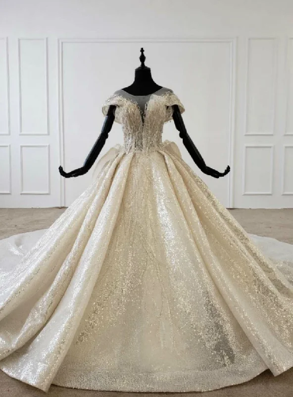 Champagne Sequins Cap Sleeve Backless Wedding Dress With Long Train Off-shoulder Gown