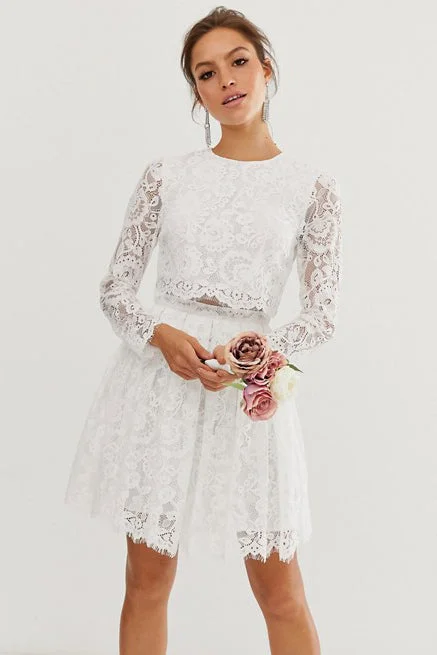 Chic Two Piece Long-sleeve Short Lace Wedding Dress-715673 Sheer Wedding Dress