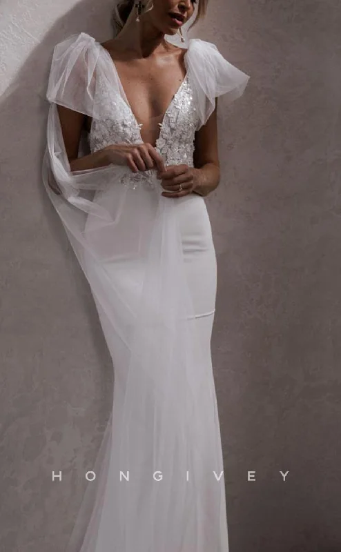 H1507 - Sexy Satin Trumpet V-Neck Straps Empire Beaded Appliques Open Back With Train Wedding Dress Wedding Dress Style