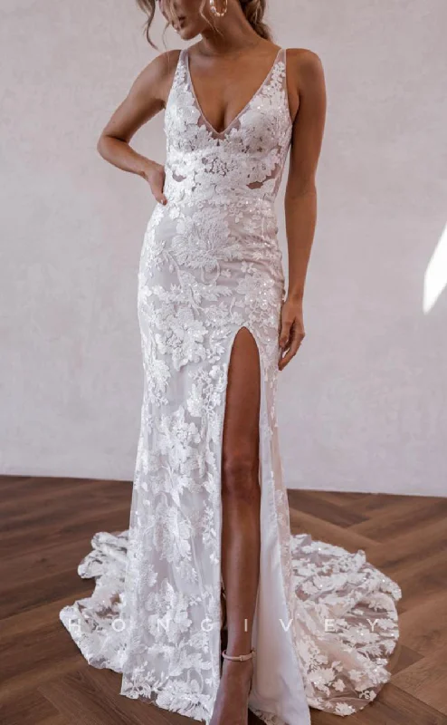 H1508 - Sexy Lace Fitted Glitter V-Neck Spaghetti Straps Empire Appliques With Train Wedding Dress Sleeveless Wedding Dress