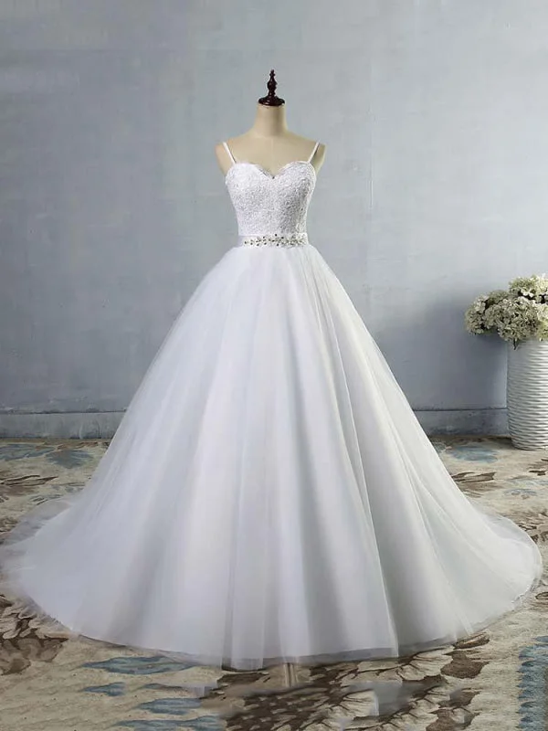 Elegant Spaghetti-Strap Lace Sashes Tulle Wedding Dresses Sexy Lace Gown