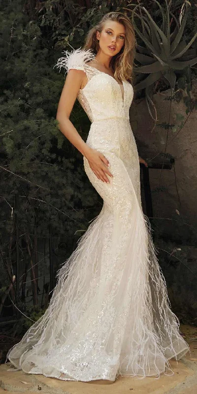 Cinderella Divine C57W Mermaid Wedding Gown Feathered V-Neckline Glitter Modern Bridal Gown