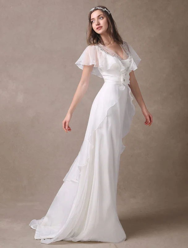 Glamorous Court Train Ivory Bridal Wedding Dress With Beading V-Neck Exclusive Vintage Lace Dress