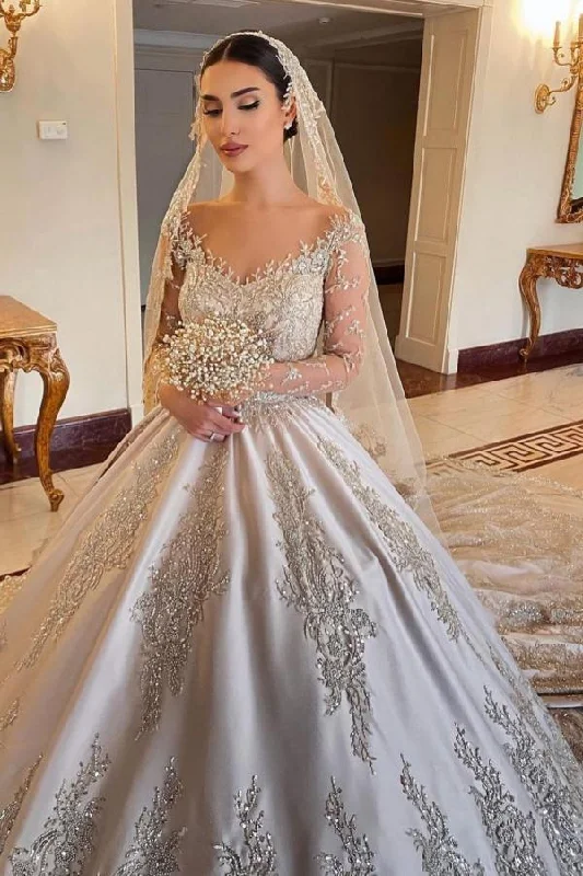 Gorgeous Sweetheart Long Sleeve Satin Wedding Dress with Beadings and Pearls Elegant A-line Gown