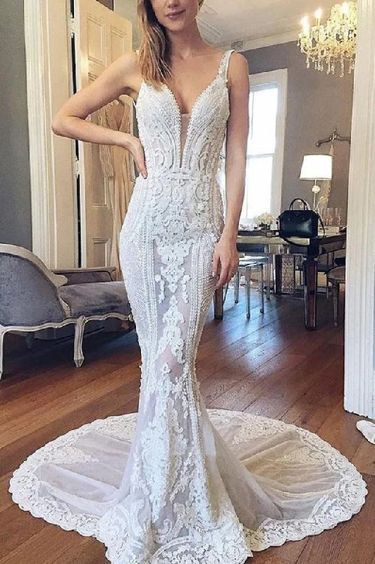 Luxurious Mermaid Lace Ivory V Neck Wedding Dresses, Backless Straps Wedding Dresses STI15522 Open Back Dress