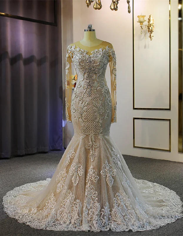 Mermaid Lace Long Sleeve Beading Wedding Dress Silk Wedding Gown