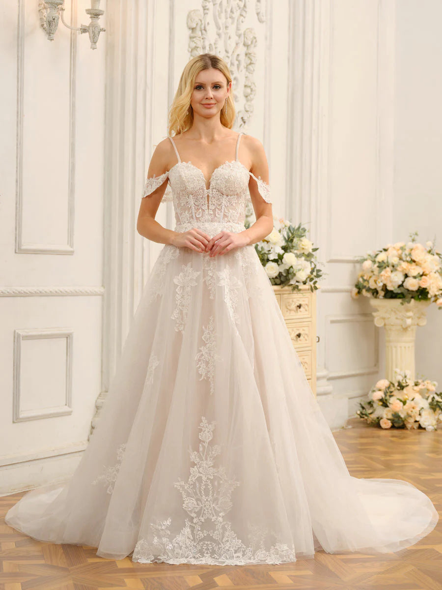 Off-The-Shoulder Sleeveless Long Tulle Wedding Dresses With Appliques Sexy Wedding Dress