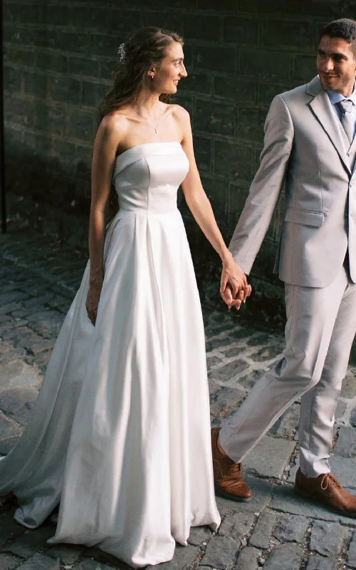 Simple Modest Sleeveless Strapless A-Line Satin Wedding Dress Casual Minimalist Elopement Corset Maxi Bridal Gown Sleeveless Bridal Gown