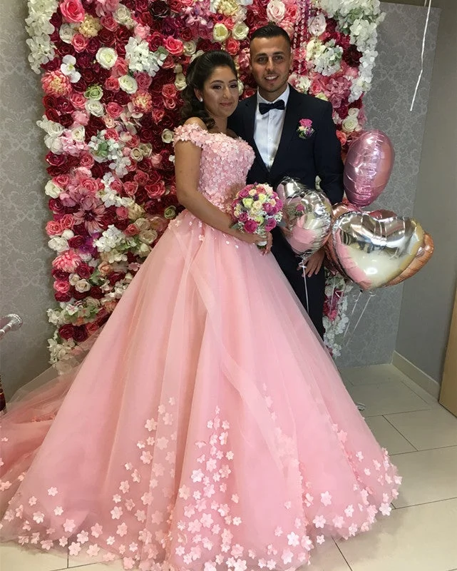 Stylish 3D Flowers Pink Tulle V-neck Off Shoulder  Quinceanera Dresses Ball Gowns Strapless Wedding Gown