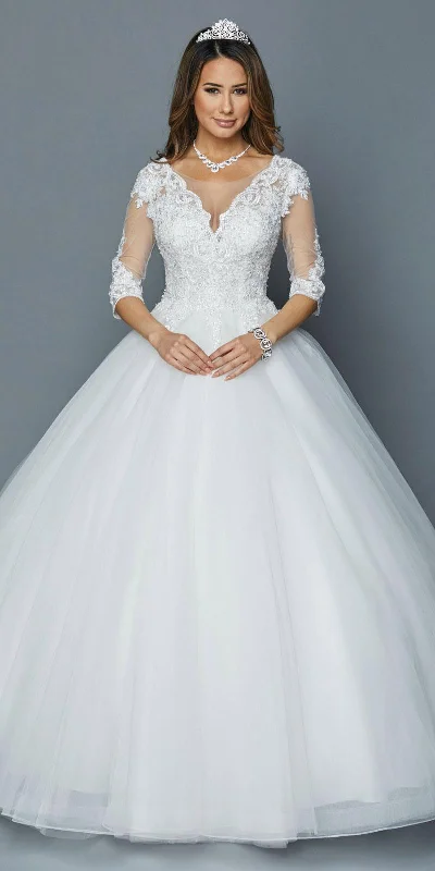 DeKlaire Bridal 401 Quarter Sleeves Wedding Ball Gown V-Neck Illusion Lace Gown