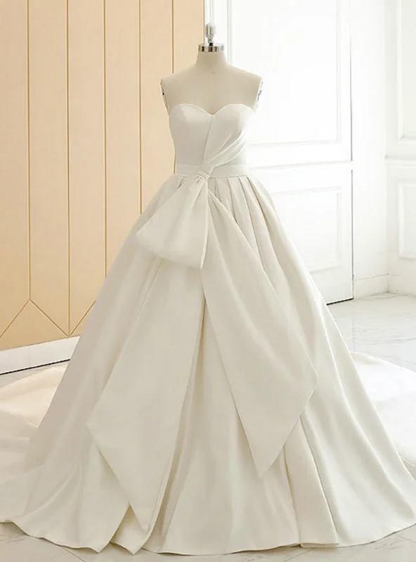 White Sweetheart Neck Satin Big Bow Shirring Wedding Dress Beautiful Lace Gown