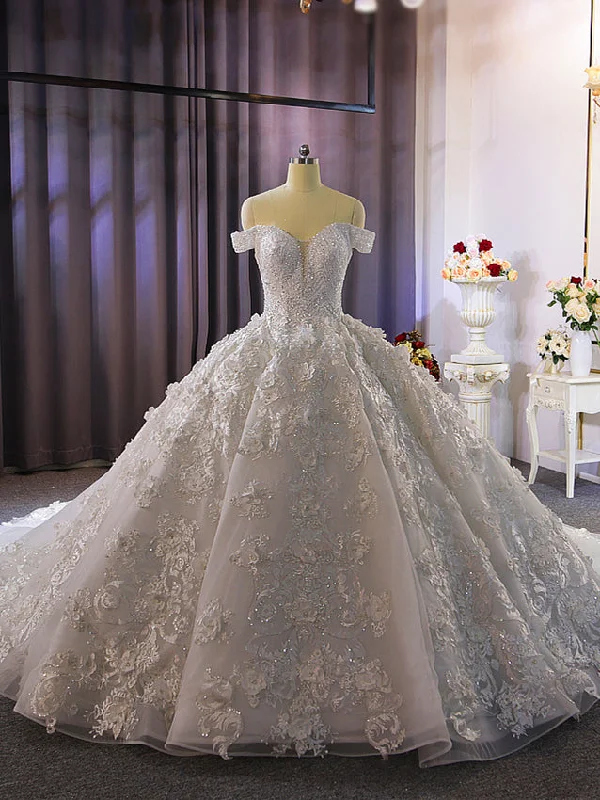 White Tulle 3D Appliques Beading Wedding Dress Sparkle Bridal Dress