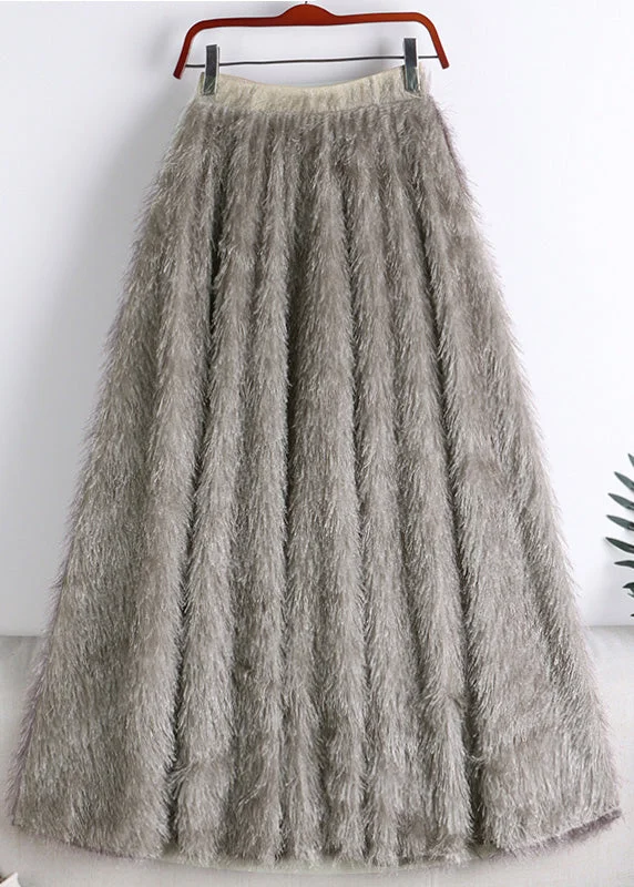 Art Khaki Elastic Waist Tassel Fuzzy Fur Velour Skirt Winter Best-selling unclassified skirts