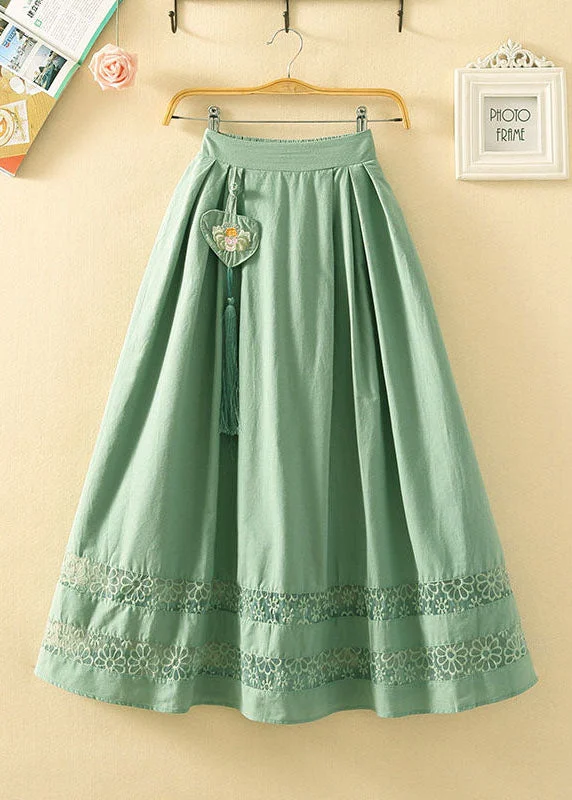 Brief Light Green Tasseled Hollow Out Patchwork Cotton Skirt Summer Earthy tone unclassified skirts