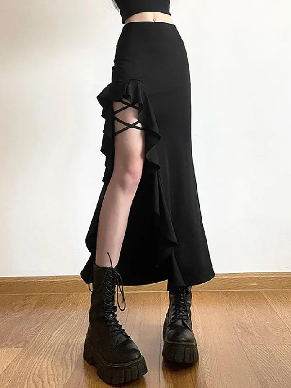 High Waist Irregular Split Goth Skirt Side-tie unclassified skirts