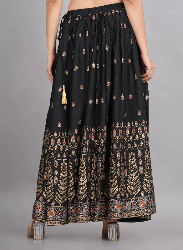 House of RP Women's Black & Golden Rayon Ethnic Printed Circular Skirt Tulle unclassified skirts