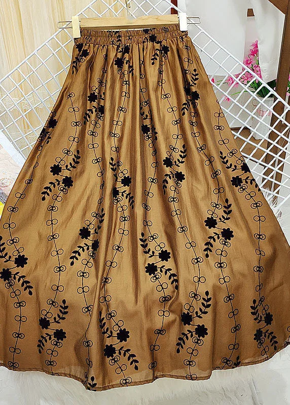 Italian Brown Print Elastic Waist Silk A Line Skirt Summer Club unclassified skirts