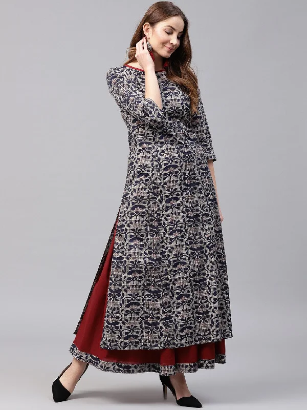 NOZ2TOZ Blue Printed 3/4Th Sleeve Cotton Kurta With Red Flared Skirt Travel unclassified skirts