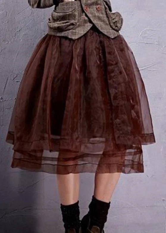 Retro Chocolate Elastic Waist Organza A Line Skirts Spring Smocked unclassified skirts