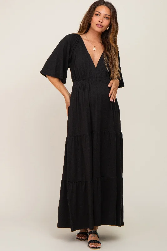 Black Deep V-Neck Tiered Maternity Maxi Dress Designer maxi dresses