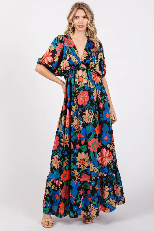 Black Floral Satin Deep V-Neck Puff Sleeve Maxi Dress Strapless maxi dresses