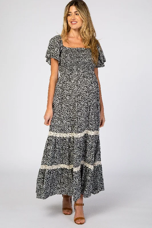 Black Floral Square Neck Smocked Front Lace Trim Maternity Maxi Dress Anniversary maxi dresses