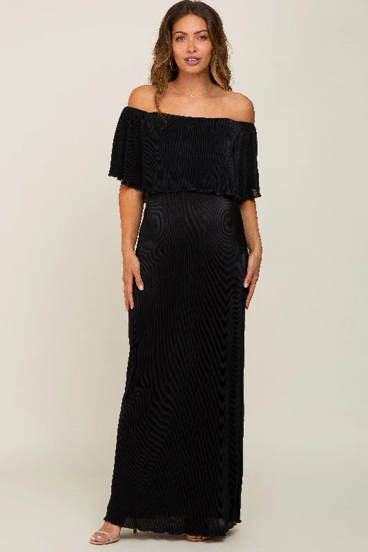 Black Pleated Ruffle Off Shoulder Maternity Maxi Dress Budget-friendly maxi dresses