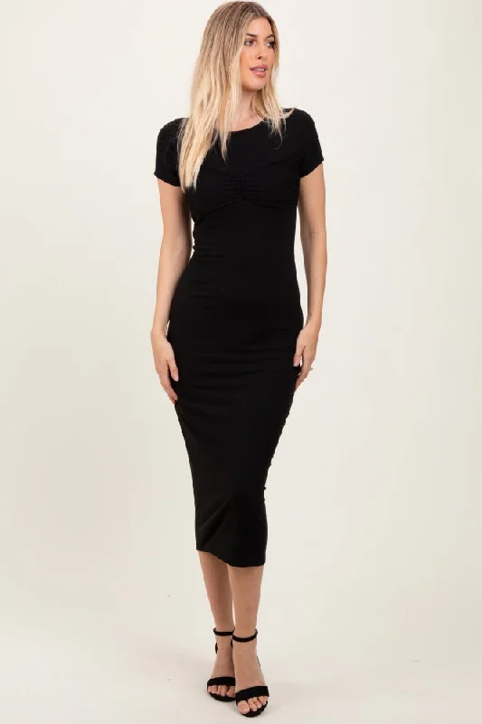 Black Ruched Bust Short Sleeve Maxi Dress Elegant maxi dresses