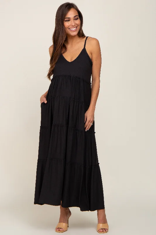 Black Tiered Sleeveless Maternity Maxi Dress Best maxi dresses for petites