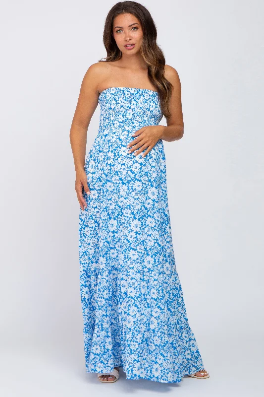 Blue Floral Strapless Smocked Maternity Maxi Dress Best maxi dresses for elegant looks