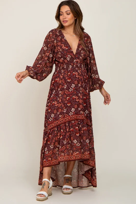 Brown Floral Hi-Lo Train Maternity Maxi Dress New Year's Eve maxi dresses