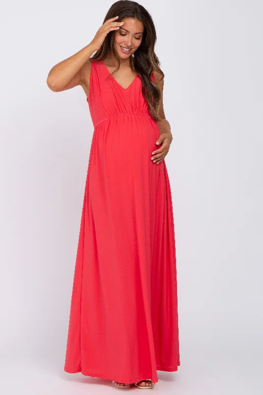 Coral V-Neck Sleeveless Maternity Maxi Dress Off-shoulder maxi dresses