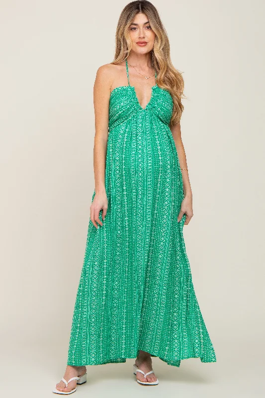 Green Halter Printed Side Slit Maternity Maxi Dress Smocked maxi dresses