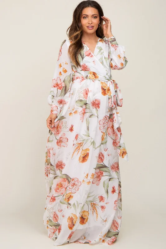 Ivory Floral Chiffon Long Sleeve Maternity Maxi Dress A-line maxi dresses