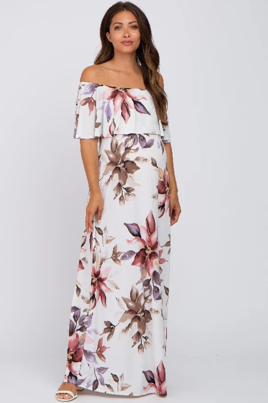 Ivory Floral Off Shoulder Maternity Maxi Dress Best maxi dresses for date night