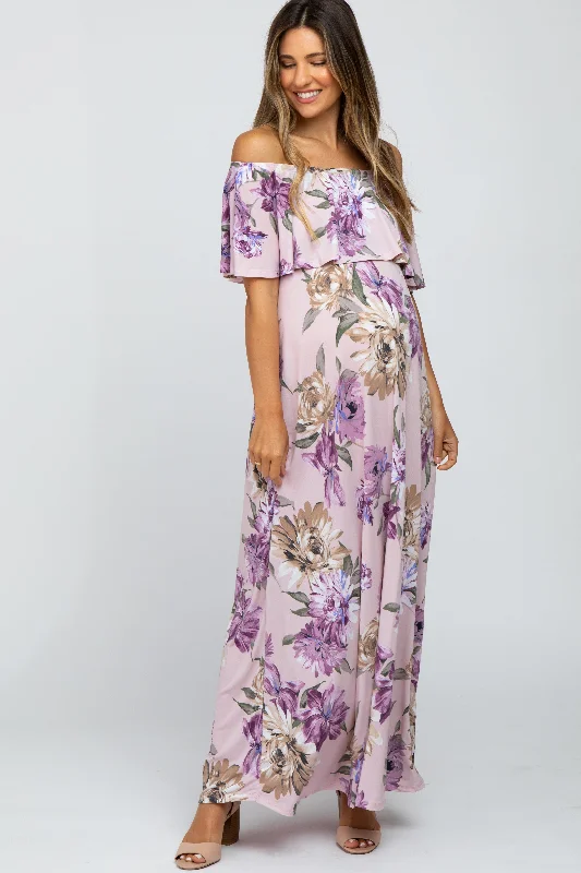 Lavender Floral Flounce Off Shoulder Maternity Maxi Dress Casual maxi dresses