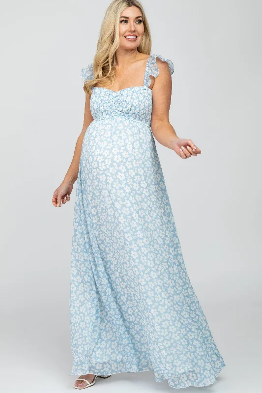 Light Blue Floral Chiffon Sweetheart Neck Off Shoulder Maternity Maxi Dress Hot new arrivals in maxi dresses