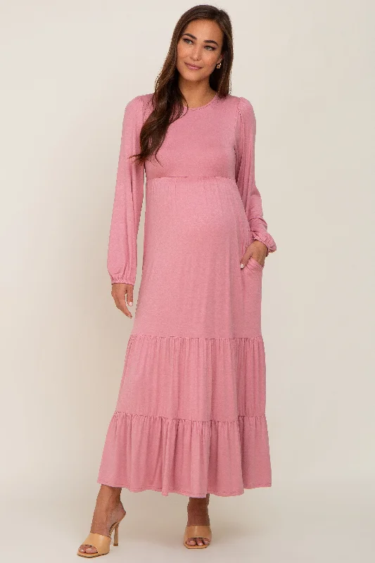 Mauve Long Sleeve Tiered Maternity Maxi Dress Discounted maxi dresses