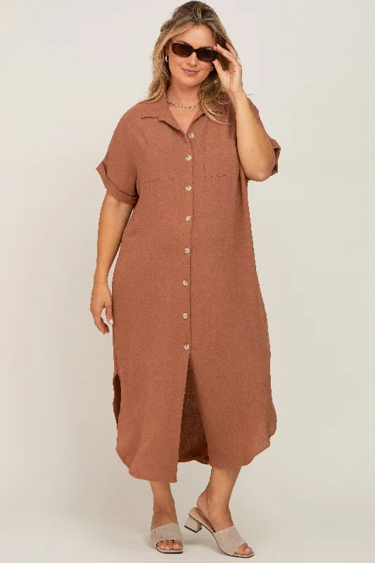 Mocha Button Down Hi Low Maternity Plus Maxi Dress Halter maxi dresses