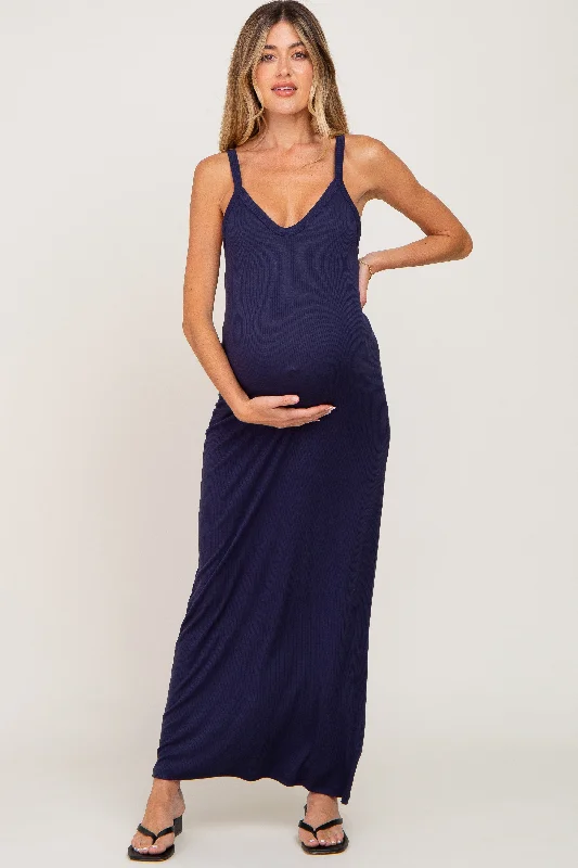 Navy Ribbed Basic Maternity Maxi Dress Party maxi dresses