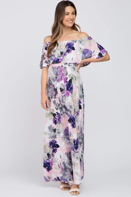 Purple Floral Ruffle Off Shoulder Maternity Maxi Dress Women's trendy maxi dresses sale