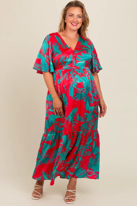 Red Satin Palm Print Button Front Maternity Plus Maxi Dress Summer maxi dresses