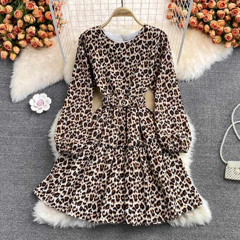 Ruffled round neck long sleeve Leopard Dress  3375 Red carpet maxi dresses